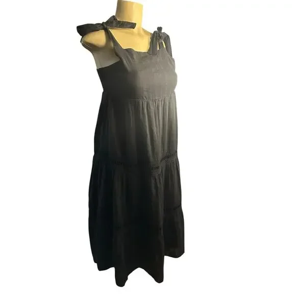 Women S Carve Designs Black Kiera Dress Organic Cotton Tie Sleeve Relaxed Tiered - Picture 1 of 6